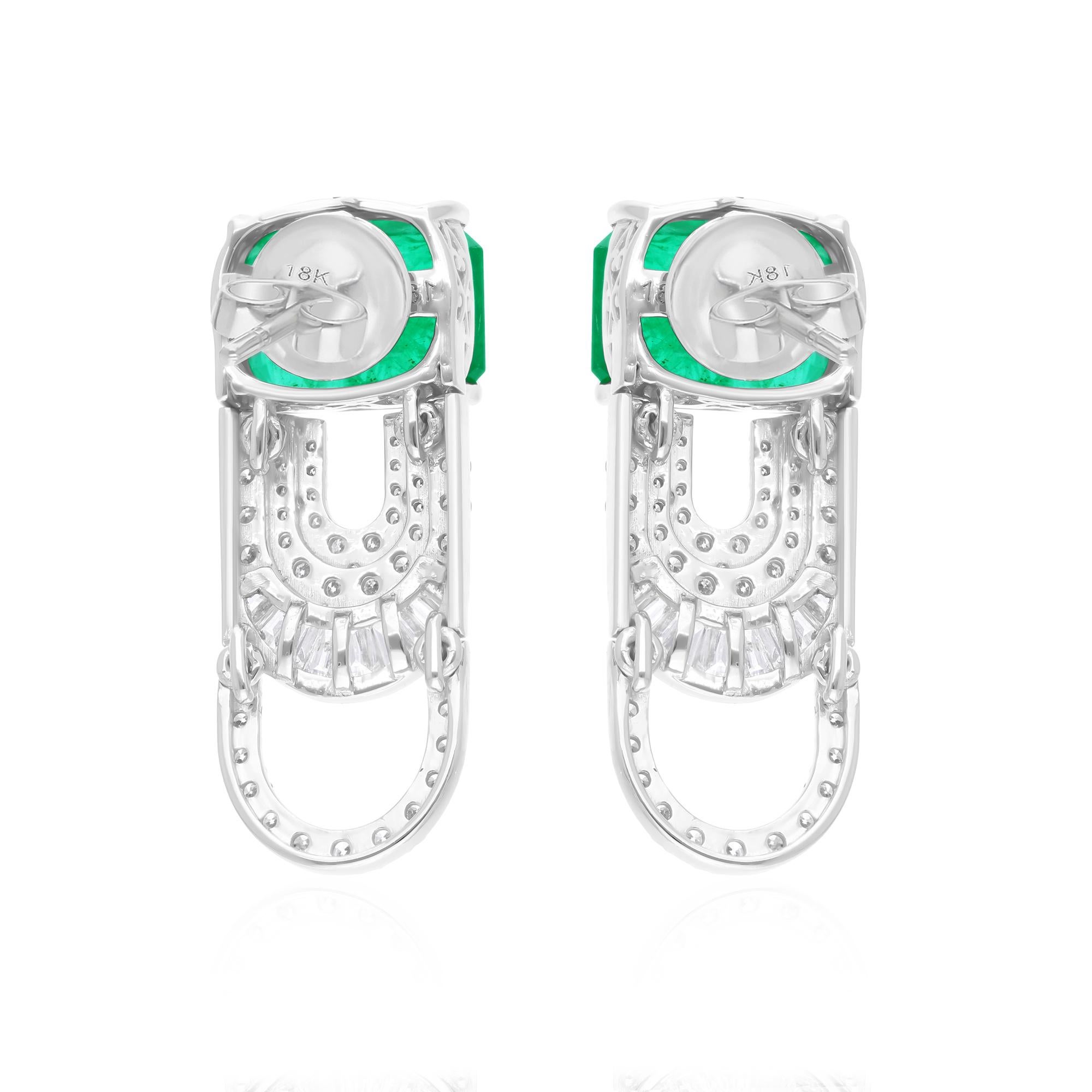 Modern Zambian Emerald Gemstone Dangle Earrings Diamond 14 Karat White Gold Jewelry For Sale