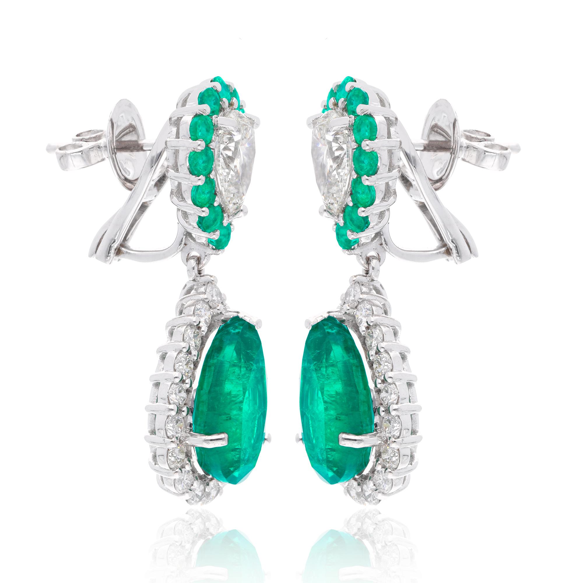 Pear Cut Zambian Emerald Gemstone Dangle Earrings Diamond 14 Karat White Gold Jewelry For Sale