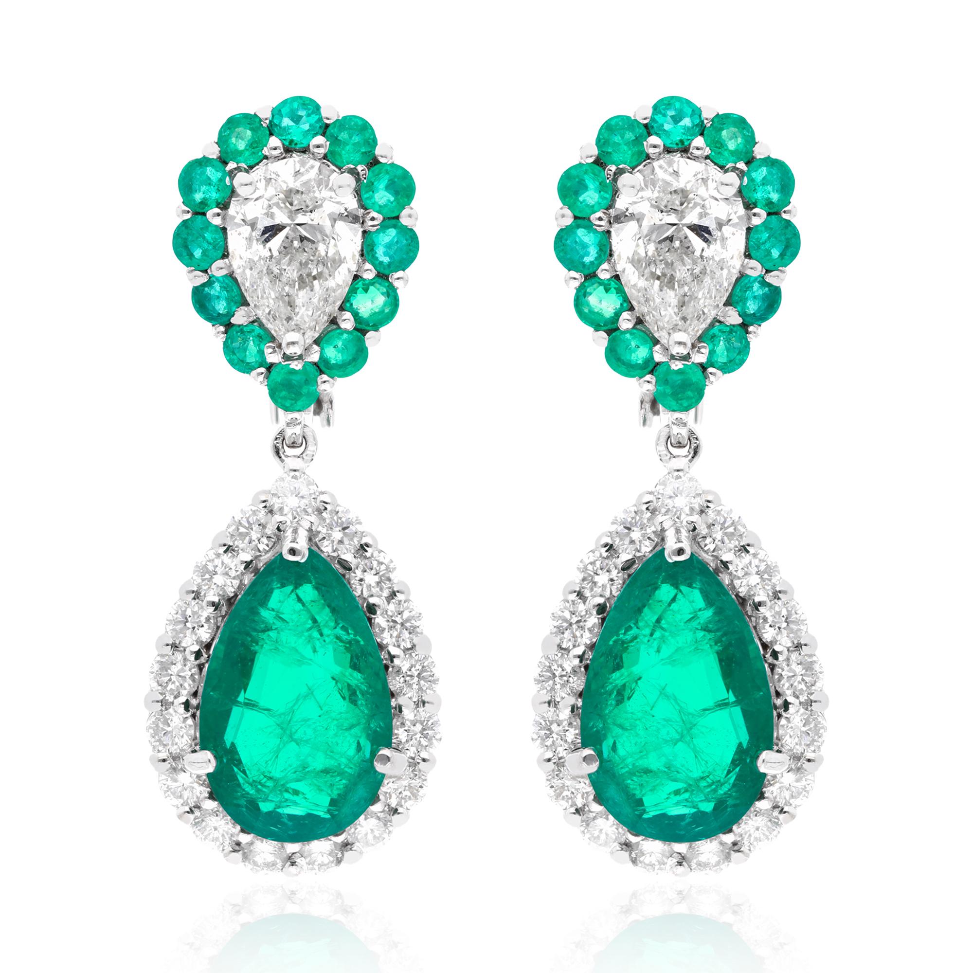 Women's Zambian Emerald Gemstone Dangle Earrings Diamond 14 Karat White Gold Jewelry For Sale