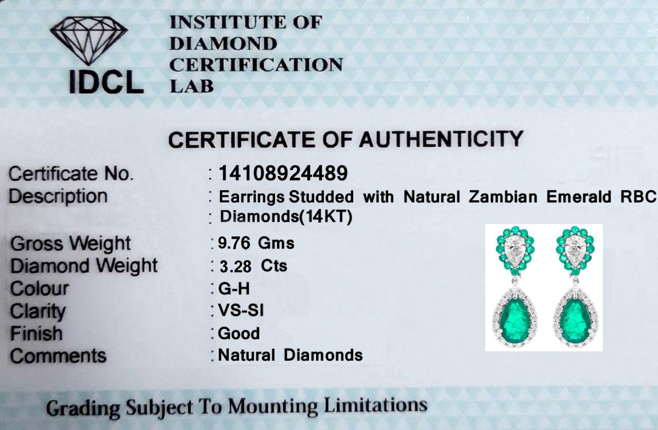 Zambian Emerald Gemstone Dangle Earrings Diamond 14 Karat White Gold Jewelry For Sale 1