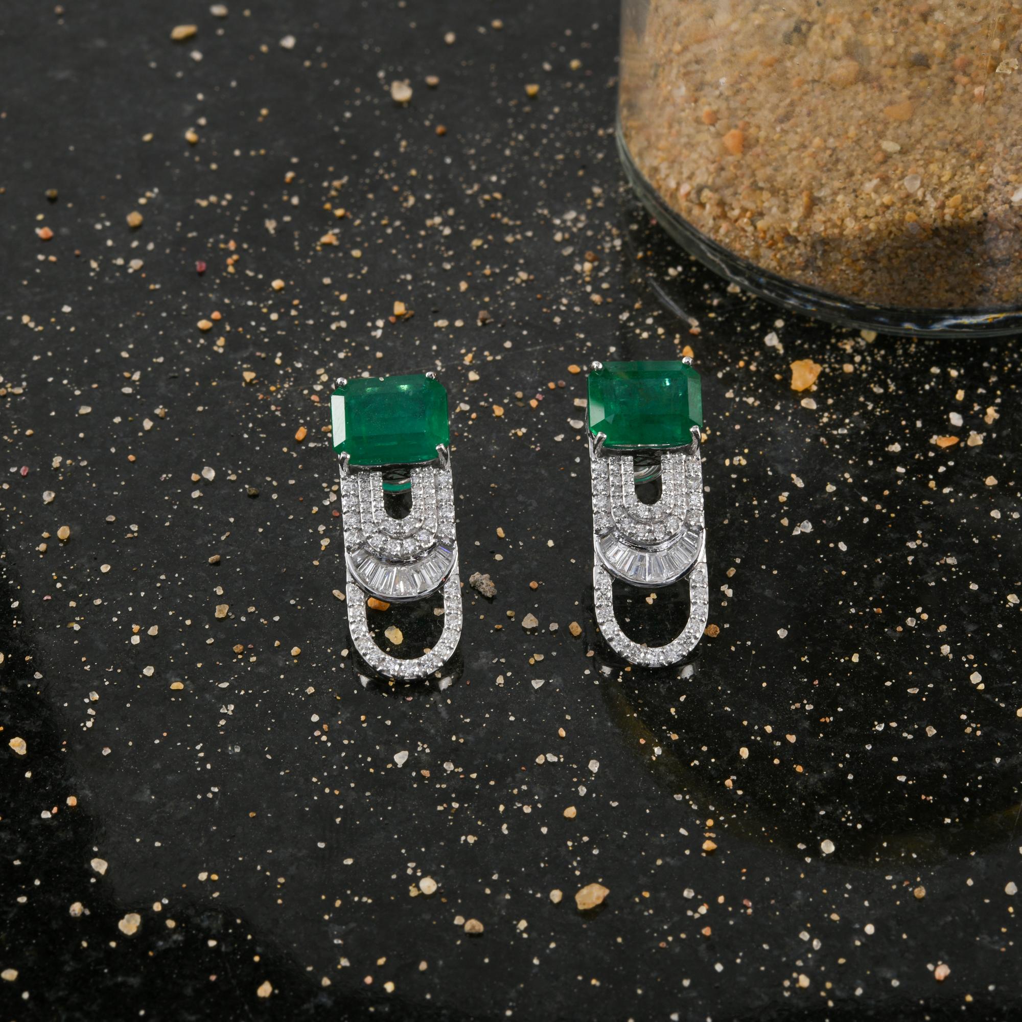 Women's Zambian Emerald Gemstone Dangle Earrings Diamond 14 Karat White Gold Jewelry For Sale
