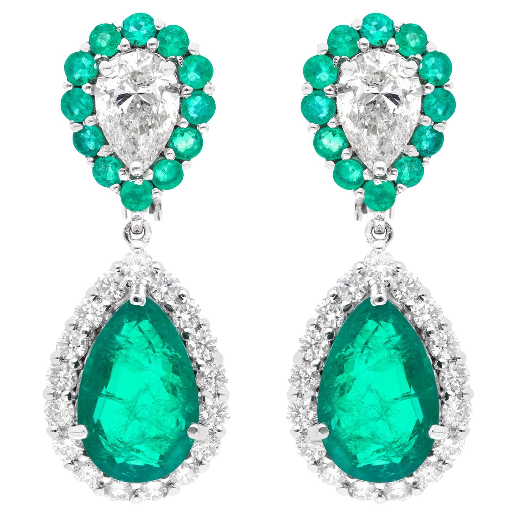 Zambian Emerald Gemstone Dangle Earrings Diamond 14 Karat White Gold Jewelry