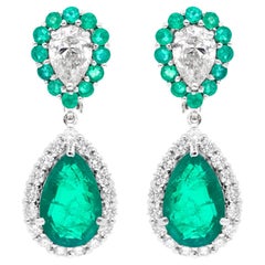 Zambian Emerald Gemstone Dangle Earrings Diamond 14 Karat White Gold Jewelry