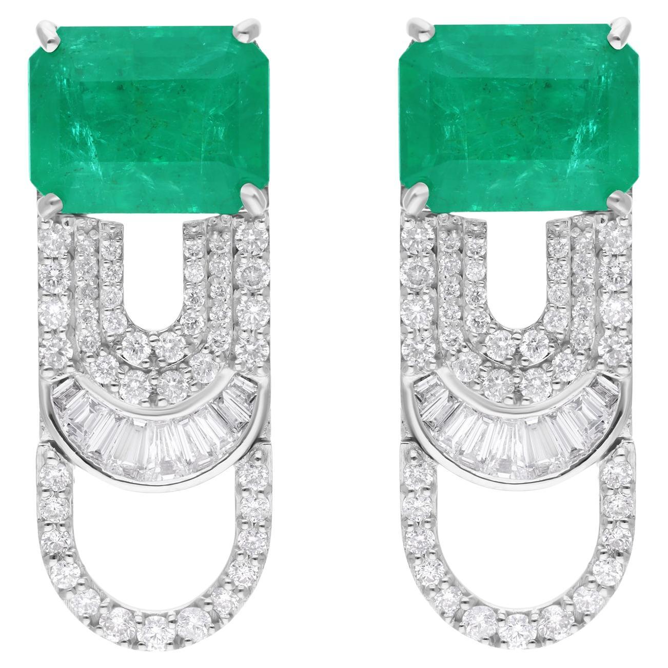 Zambian Emerald Gemstone Dangle Earrings Diamond 14 Karat White Gold Jewelry