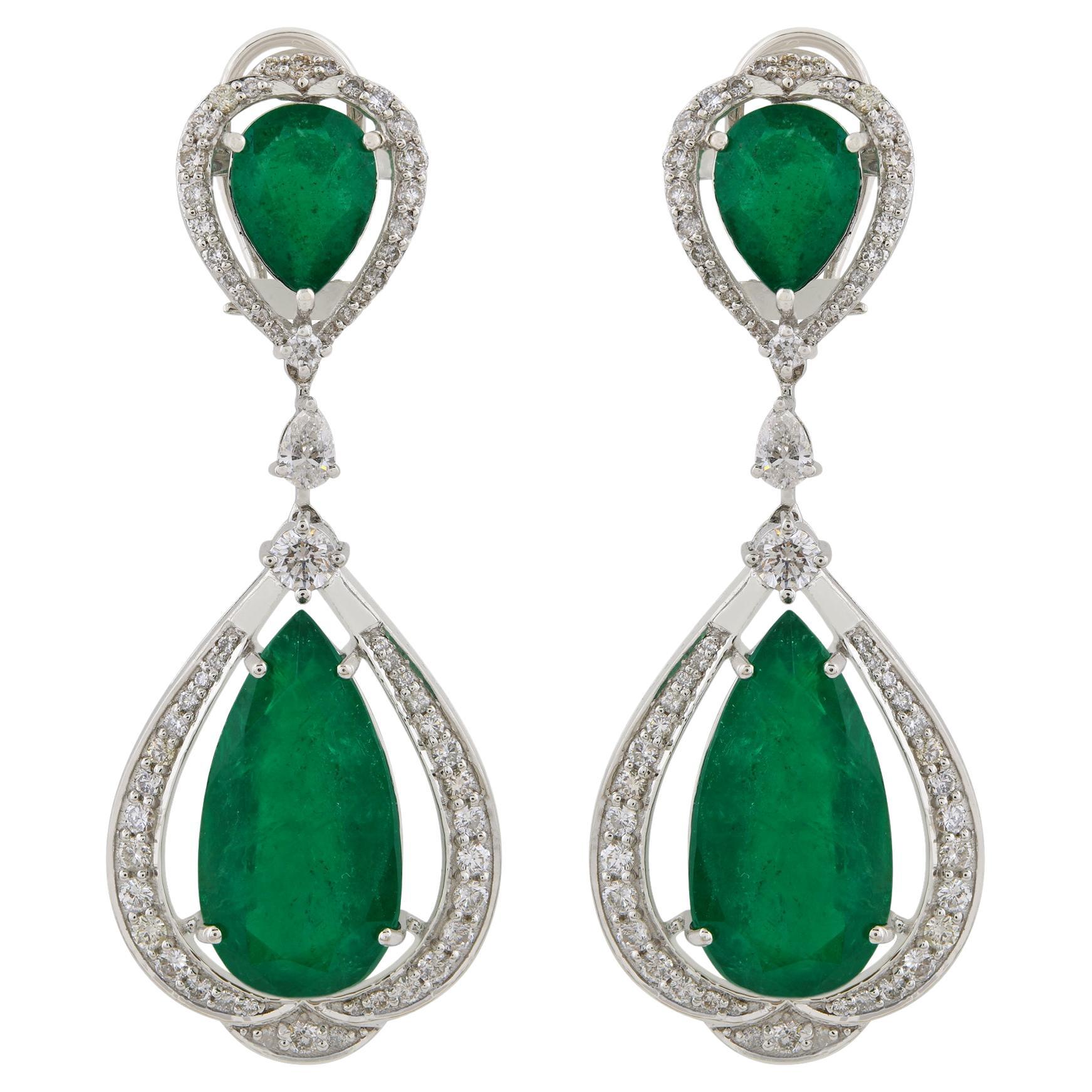 Zambian Emerald Gemstone Dangle Earrings Diamond 14 Karat White Gold Jewelry New