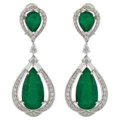 Zambian Emerald Gemstone Dangle Earrings Diamond 14 Karat White Gold Jewelry New