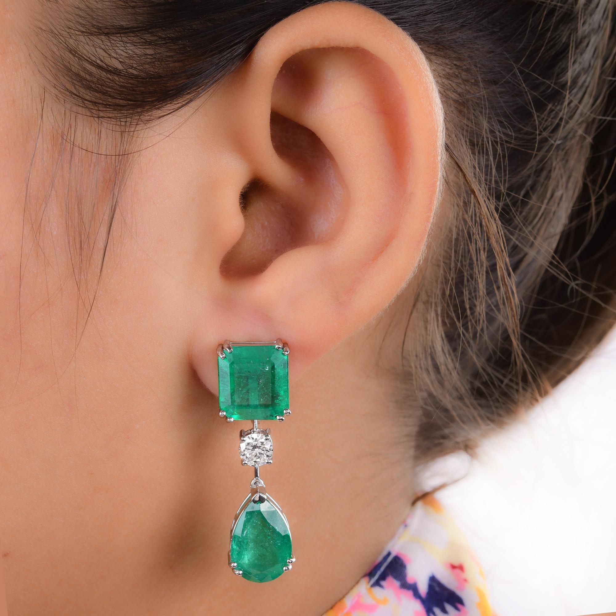 Modern Zambian Emerald Gemstone Dangle Earrings Diamond 14 Karat White Gold New jewelry For Sale