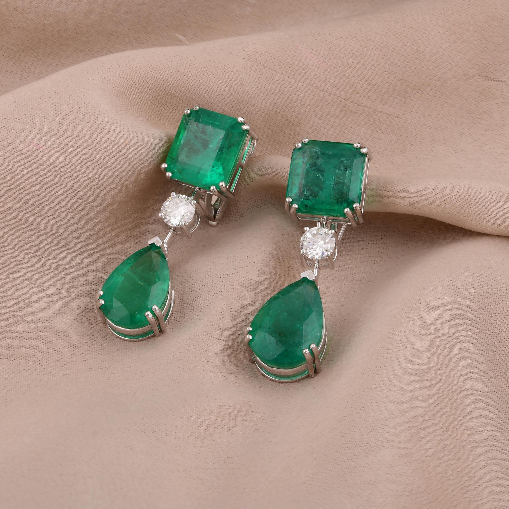 Emerald Cut Zambian Emerald Gemstone Dangle Earrings Diamond 14 Karat White Gold New jewelry For Sale
