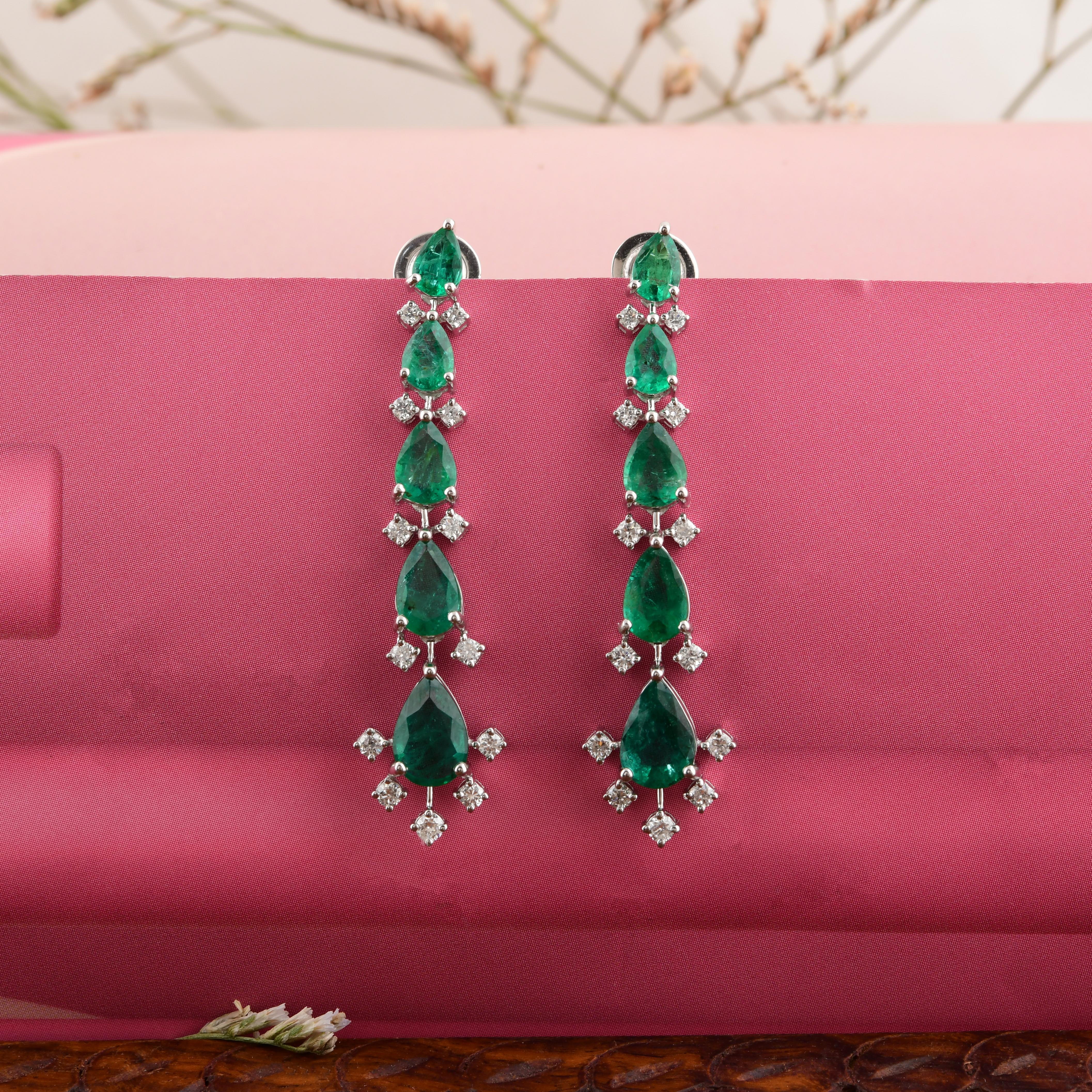 Zambian Emerald Gemstone Dangle Earrings Diamond 18 Karat White Gold Jewelry For Sale 1