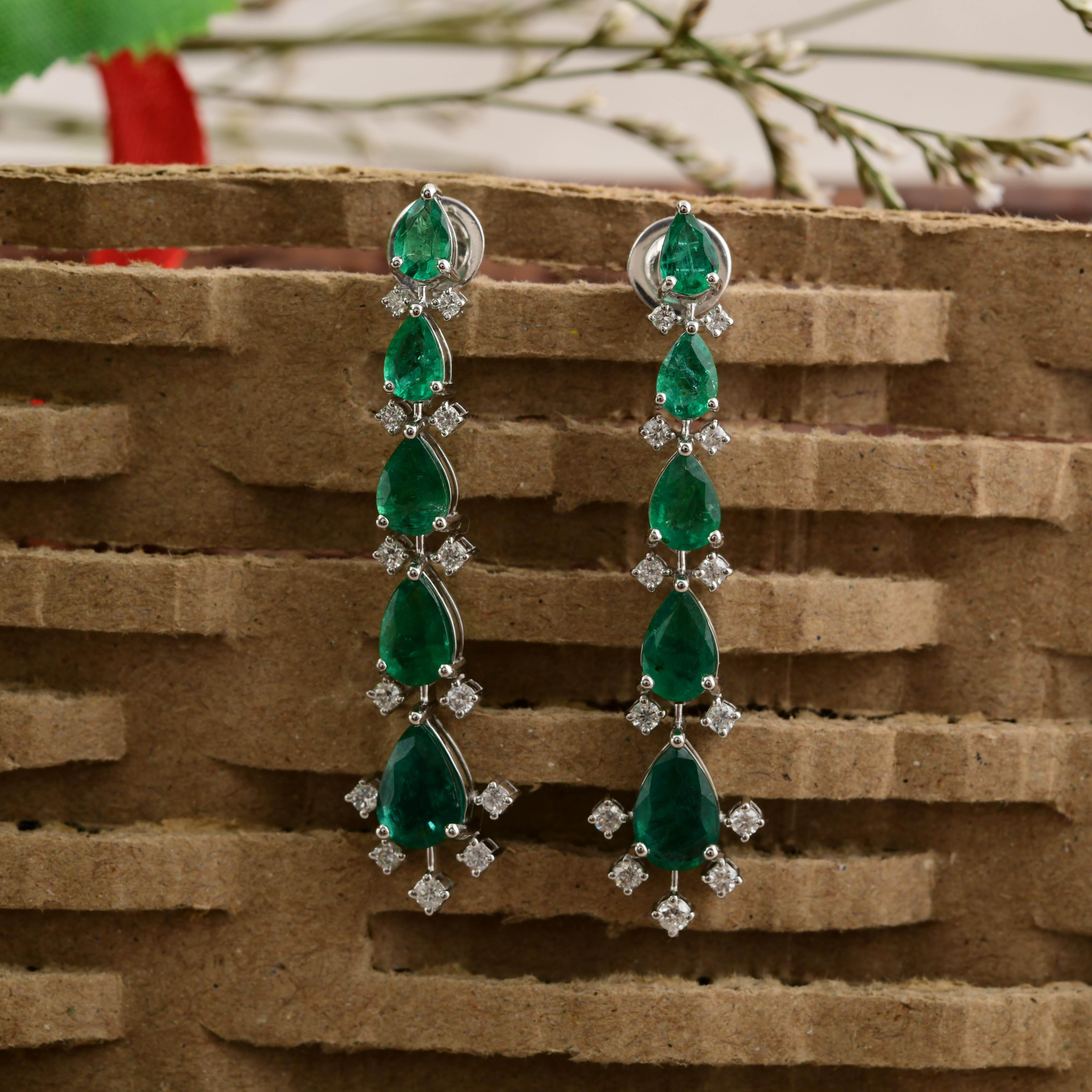 Zambian Emerald Gemstone Dangle Earrings Diamond 18 Karat White Gold Jewelry For Sale 2