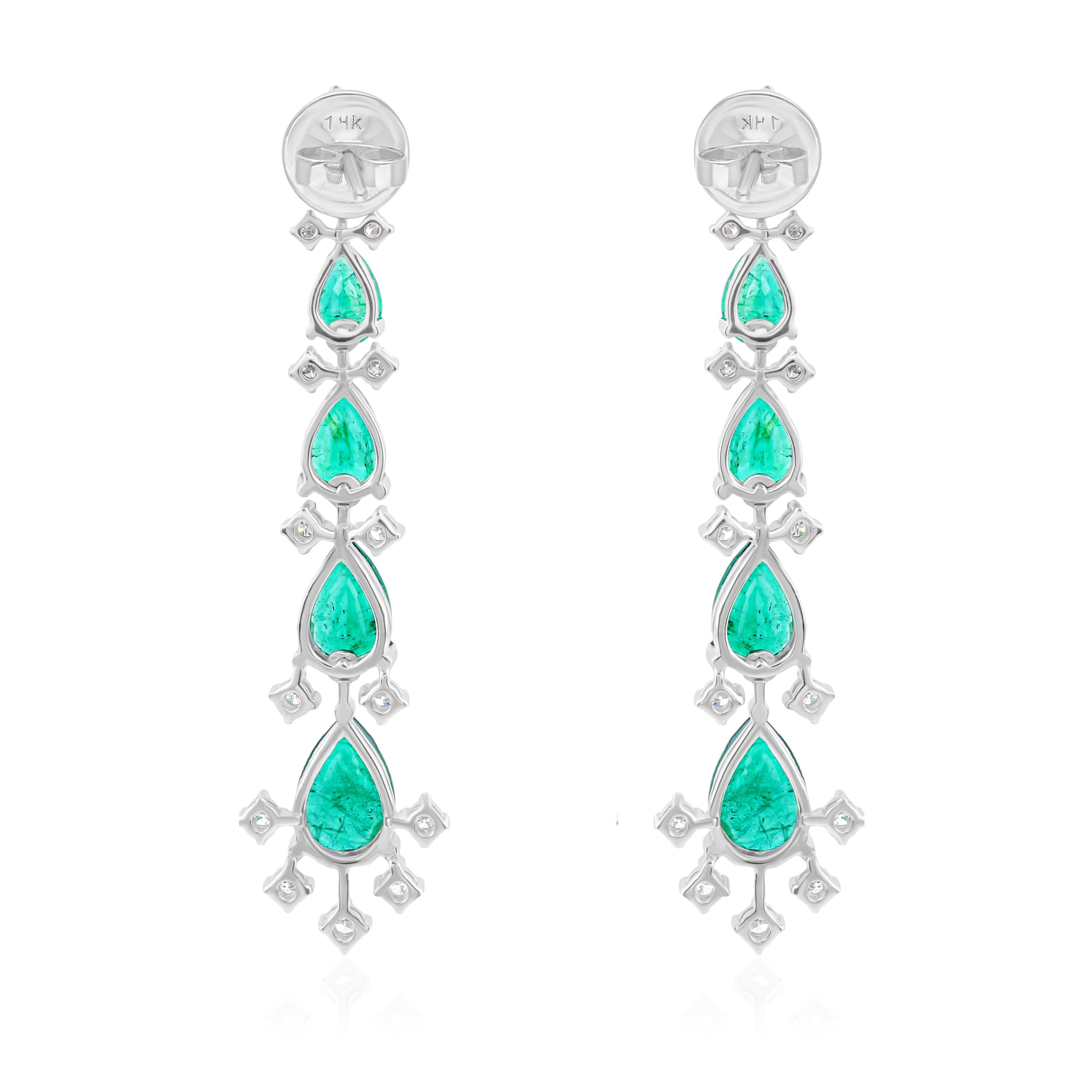 Women's Zambian Emerald Gemstone Dangle Earrings Diamond 18 Karat White Gold Jewelry For Sale