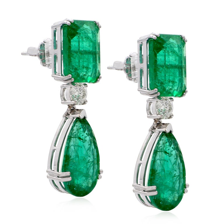 Natural Emerald Gemstone Dangle Earrings Diamond 18 Karat White Gold