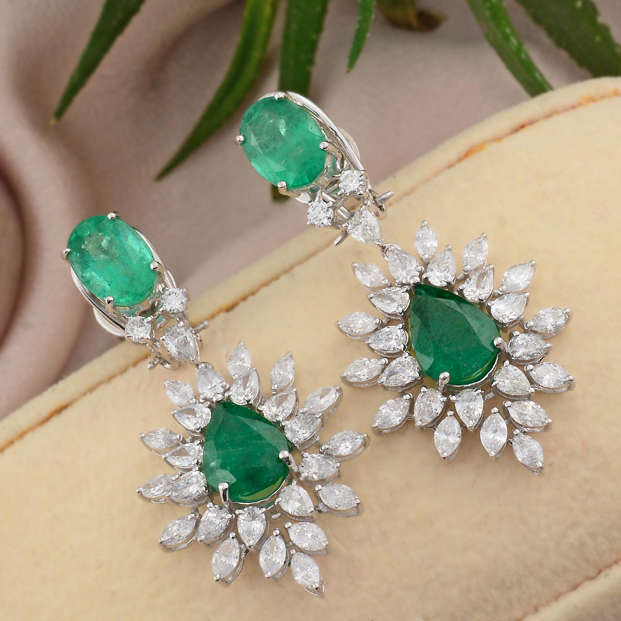 Modern Natural Zambian Emerald Gemstone Dangle Earrings Diamond 18 Karat White Gold For Sale