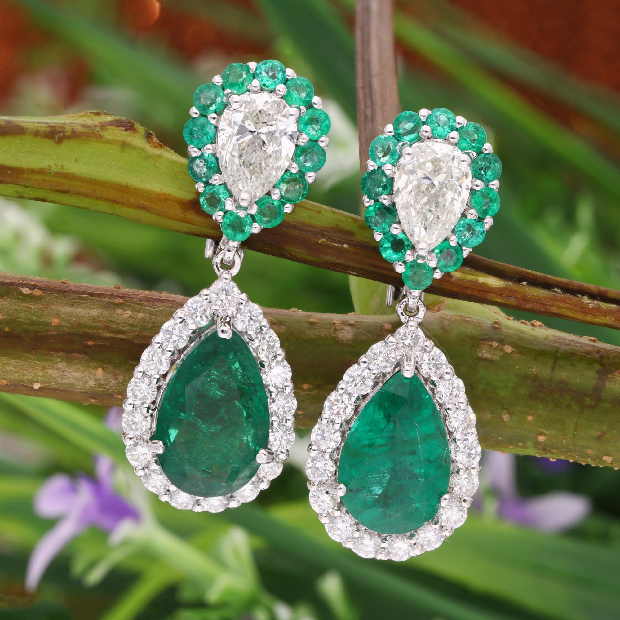 Pear Cut Zambian Emerald Gemstone Dangle Earrings Diamond 18 Karat White Gold Jewelry For Sale
