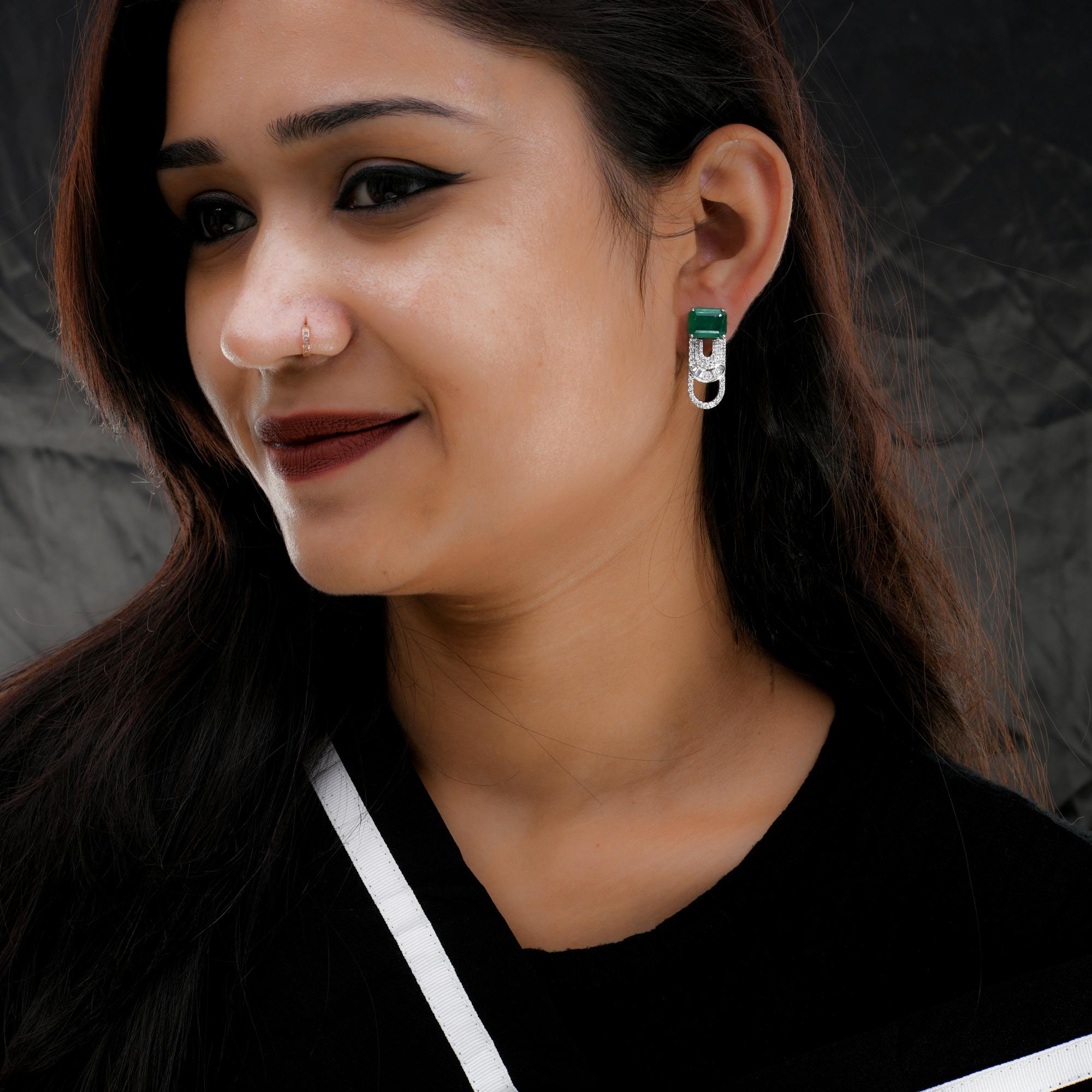 Modern Zambian Emerald Gemstone Dangle Earrings Diamond 18 Karat White Gold Jewelry For Sale