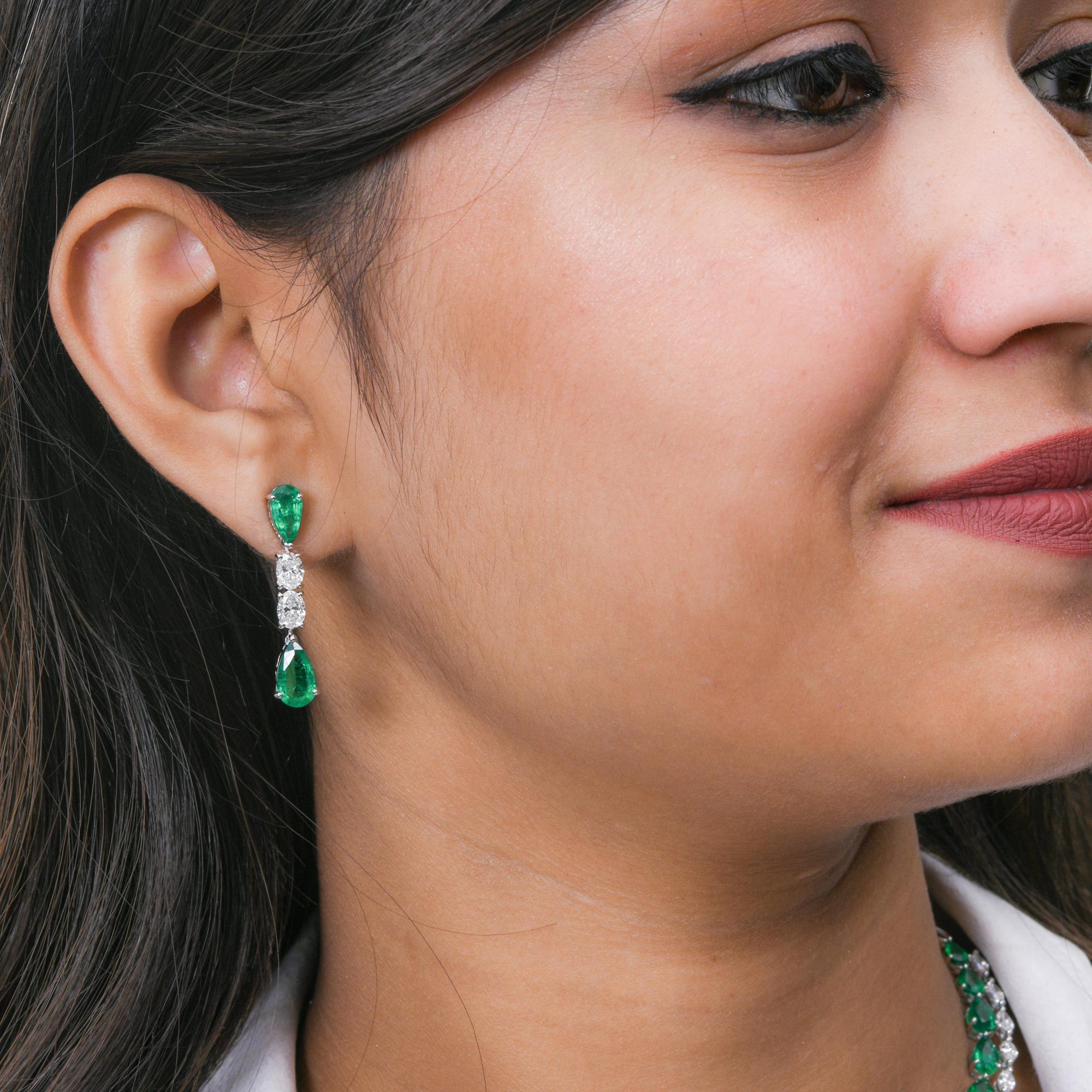 Modern Zambian Emerald Gemstone Dangle Earrings Diamond 18 Karat White Gold Jewelry For Sale