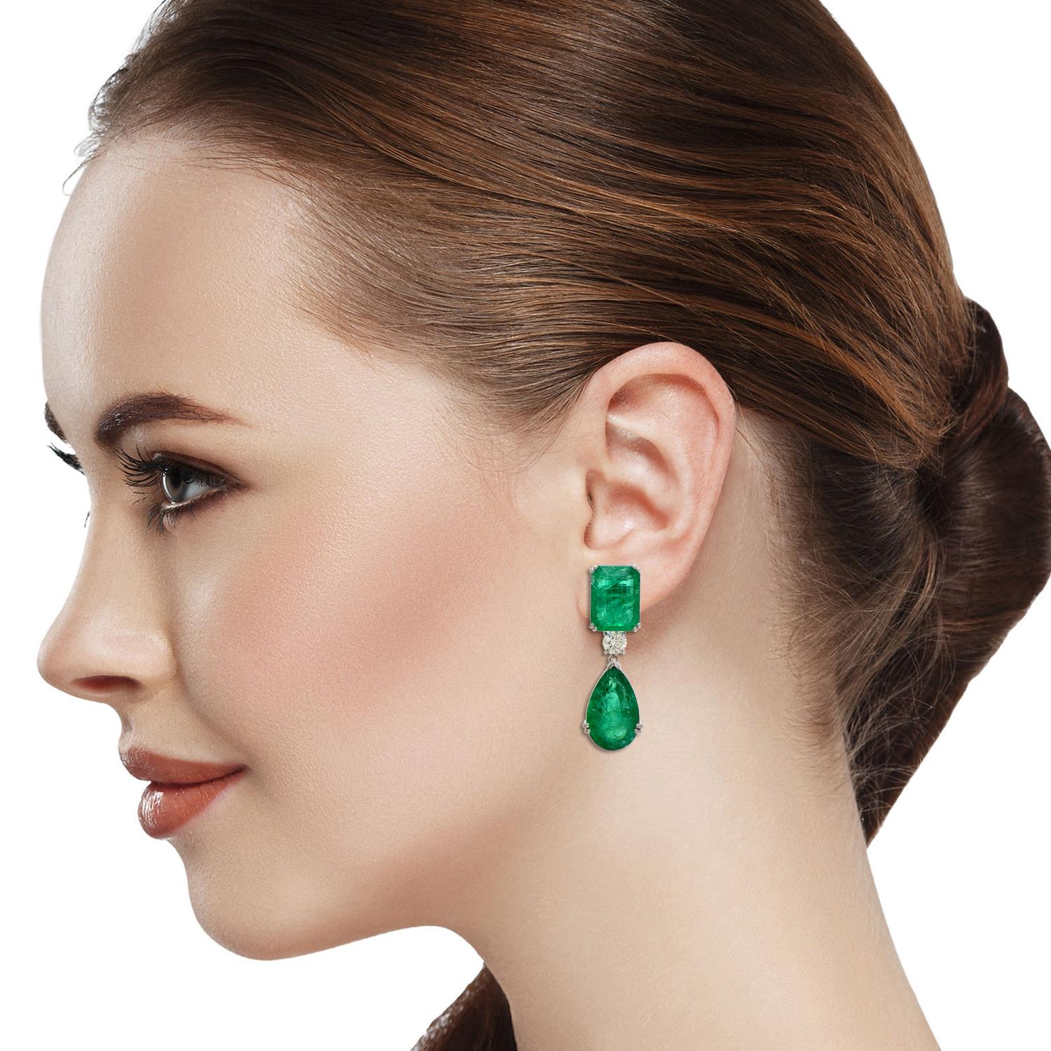 Emerald Cut Natural Emerald Gemstone Dangle Earrings Diamond 18 Karat White Gold Jewelry For Sale