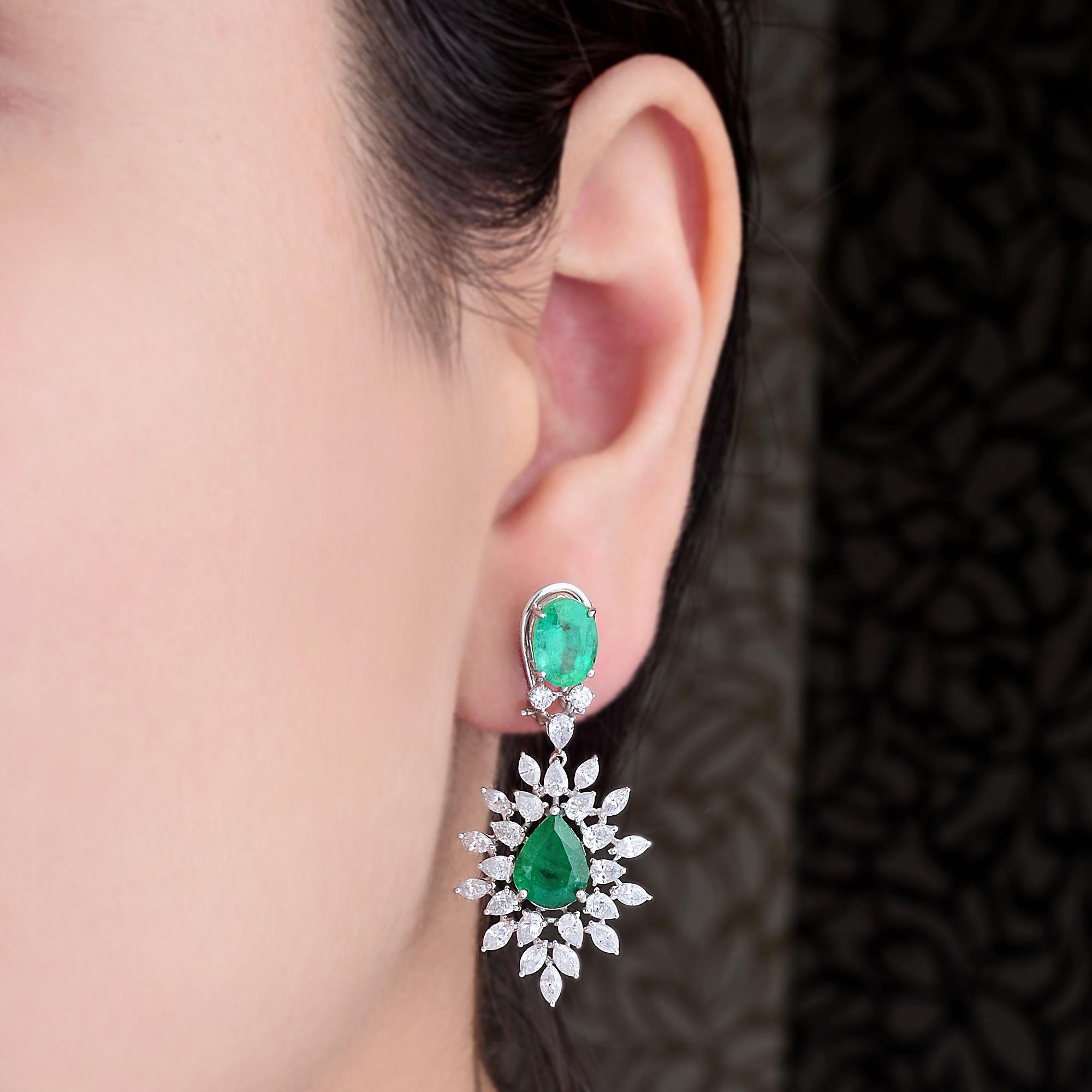 Oval Cut Natural Zambian Emerald Gemstone Dangle Earrings Diamond 18 Karat White Gold For Sale