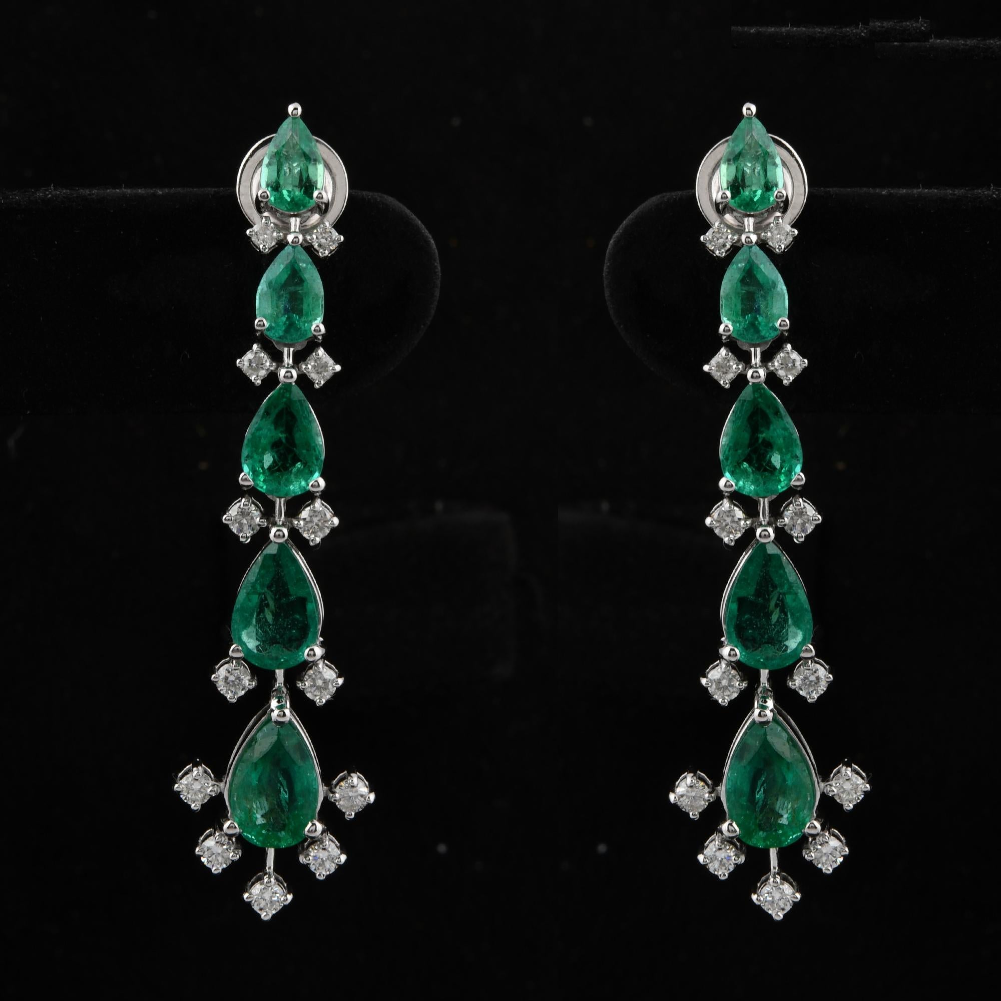 Pear Cut Zambian Emerald Gemstone Dangle Earrings Diamond 18 Karat White Gold Jewelry For Sale
