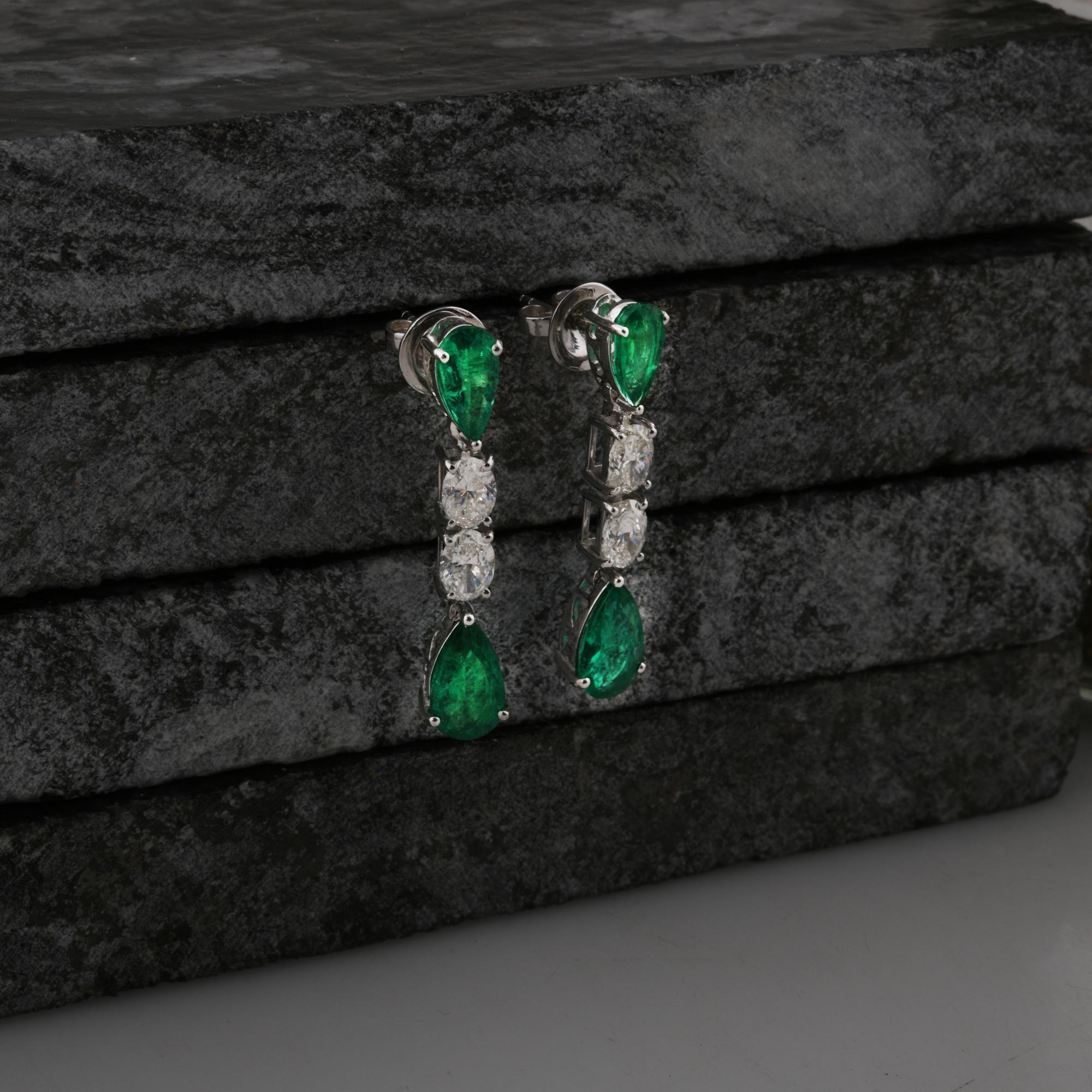 Pear Cut Zambian Emerald Gemstone Dangle Earrings Diamond 18 Karat White Gold Jewelry For Sale