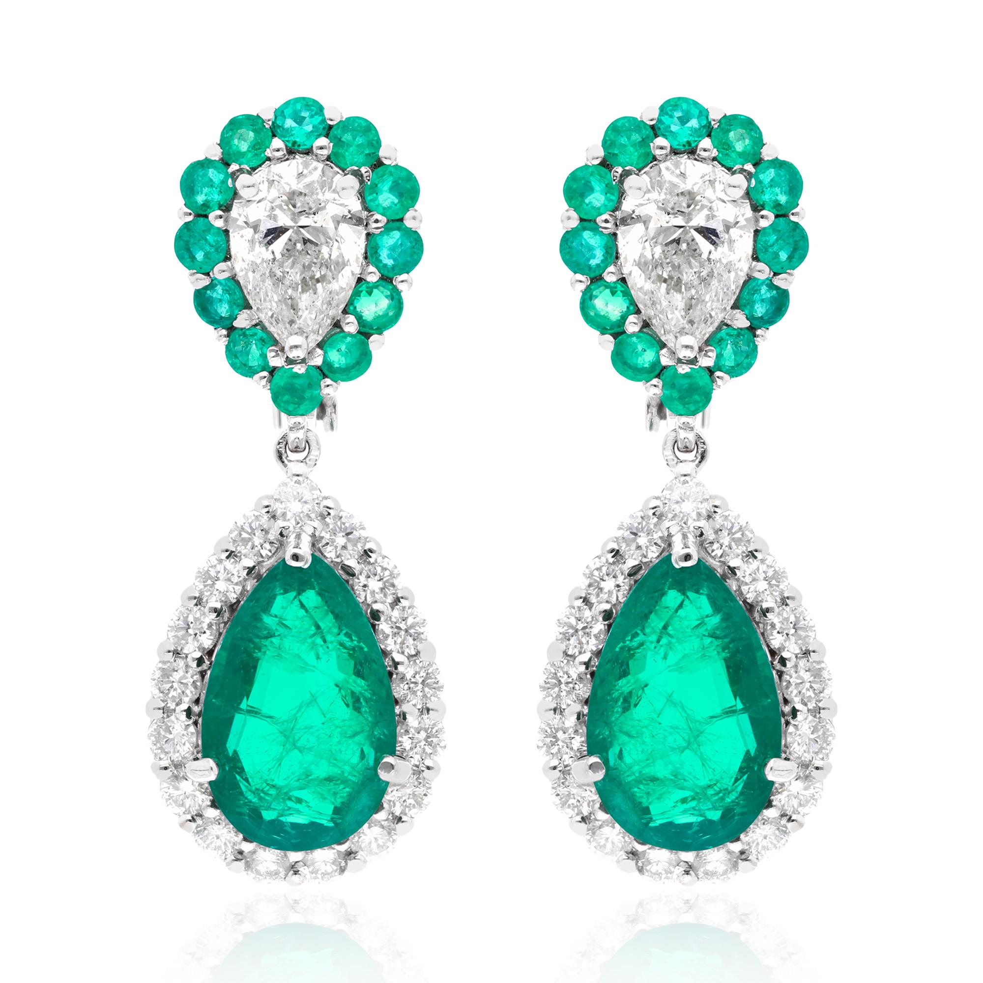 Women's Zambian Emerald Gemstone Dangle Earrings Diamond 18 Karat White Gold Jewelry For Sale