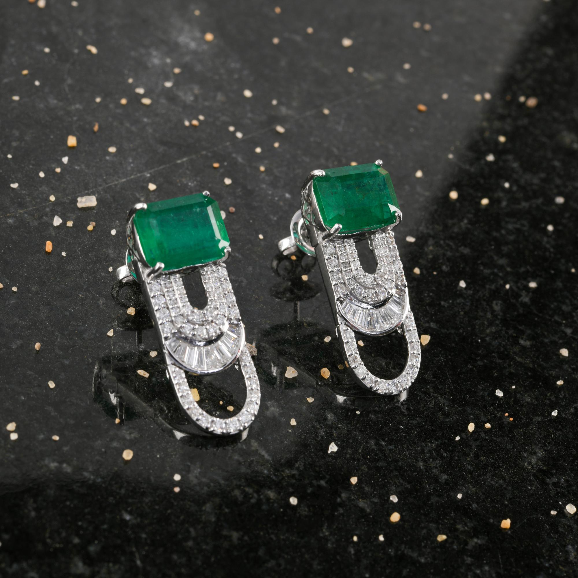 Women's Zambian Emerald Gemstone Dangle Earrings Diamond 18 Karat White Gold Jewelry For Sale