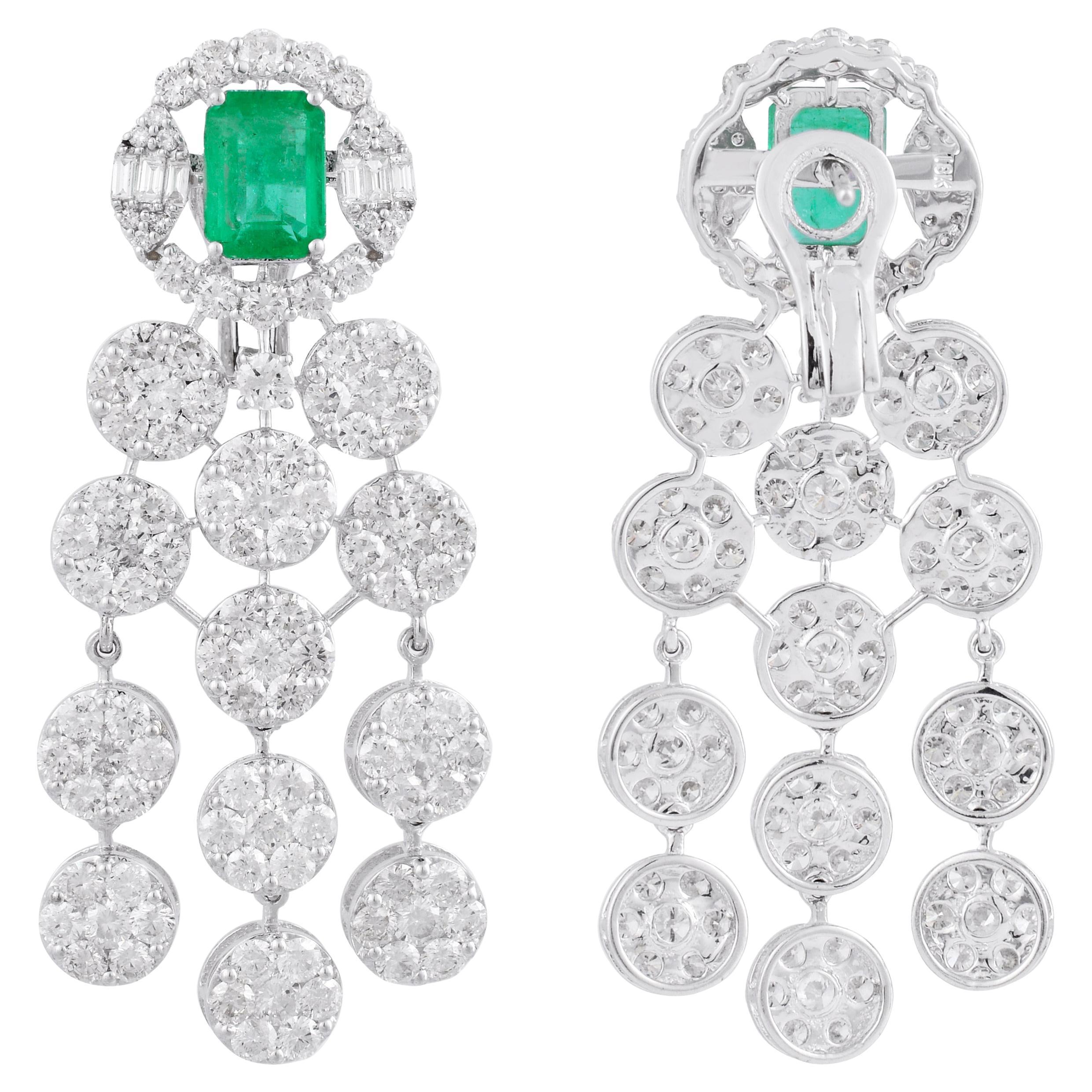 Natural Emerald Gemstone Dangle Earrings Diamond 18 Karat White Gold Jewelry For Sale