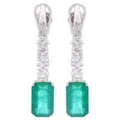 Natural Emerald Gemstone Dangle Earrings Diamond 18 Karat White Gold Jewelry