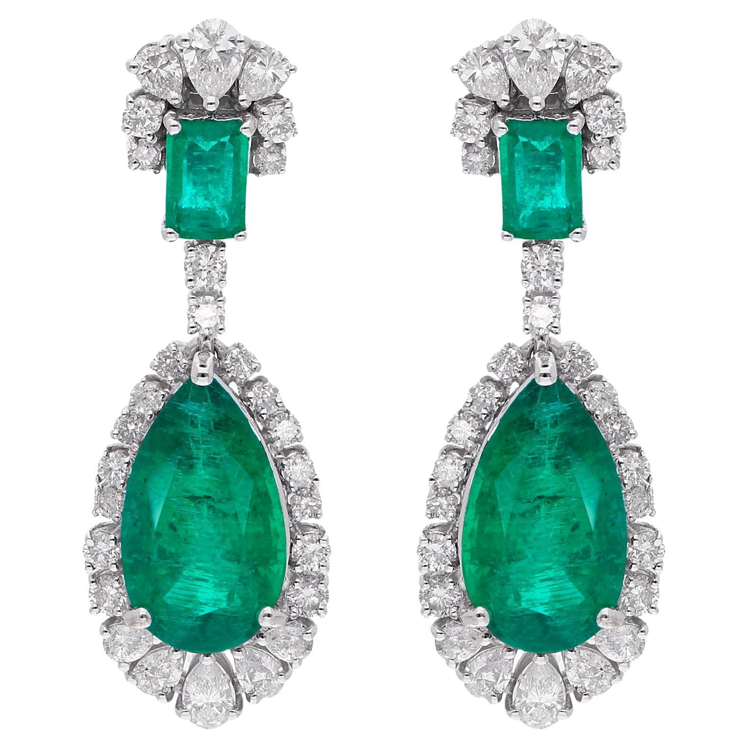 Natural Emerald Gemstone Dangle Earrings Diamond 18 Karat White Gold Jewelry For Sale