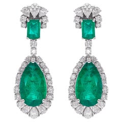 Natural Emerald Gemstone Dangle Earrings Diamond 18 Karat White Gold Jewelry