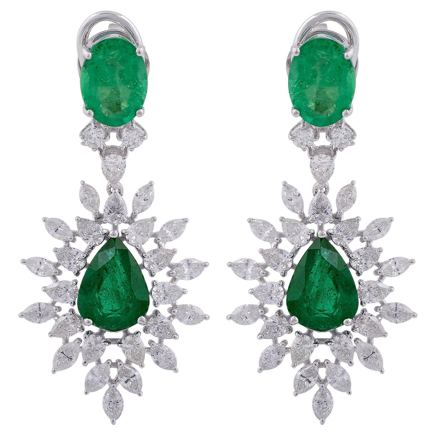 Natürlicher sambischer Smaragd Edelstein Ohrringe Diamant 18 Karat Weißgold