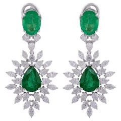 Natural Zambian Emerald Gemstone Dangle Earrings Diamond 18 Karat White Gold