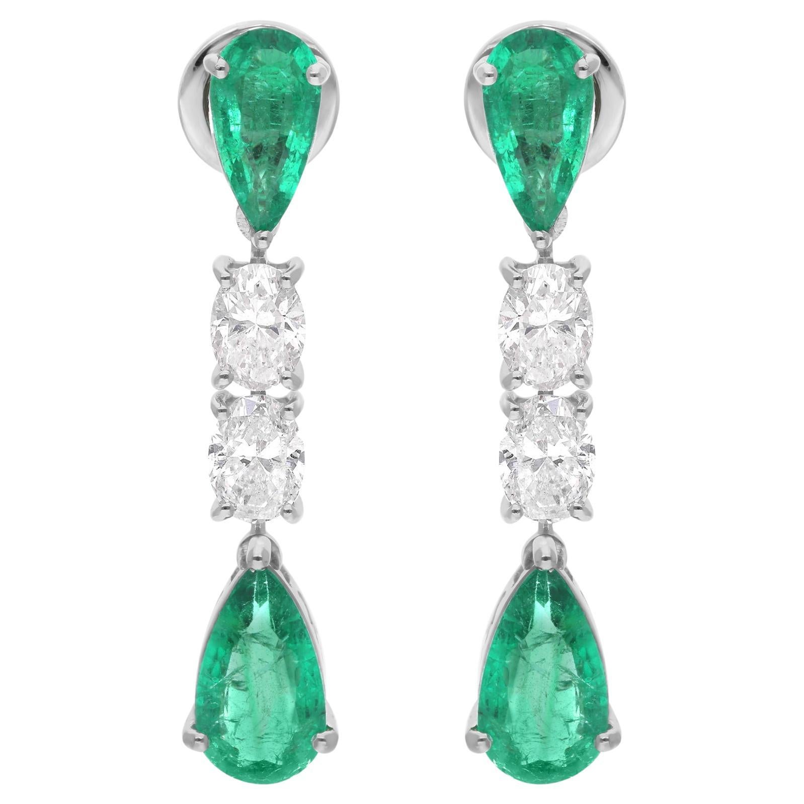 Zambian Emerald Gemstone Dangle Earrings Diamond 18 Karat White Gold Jewelry