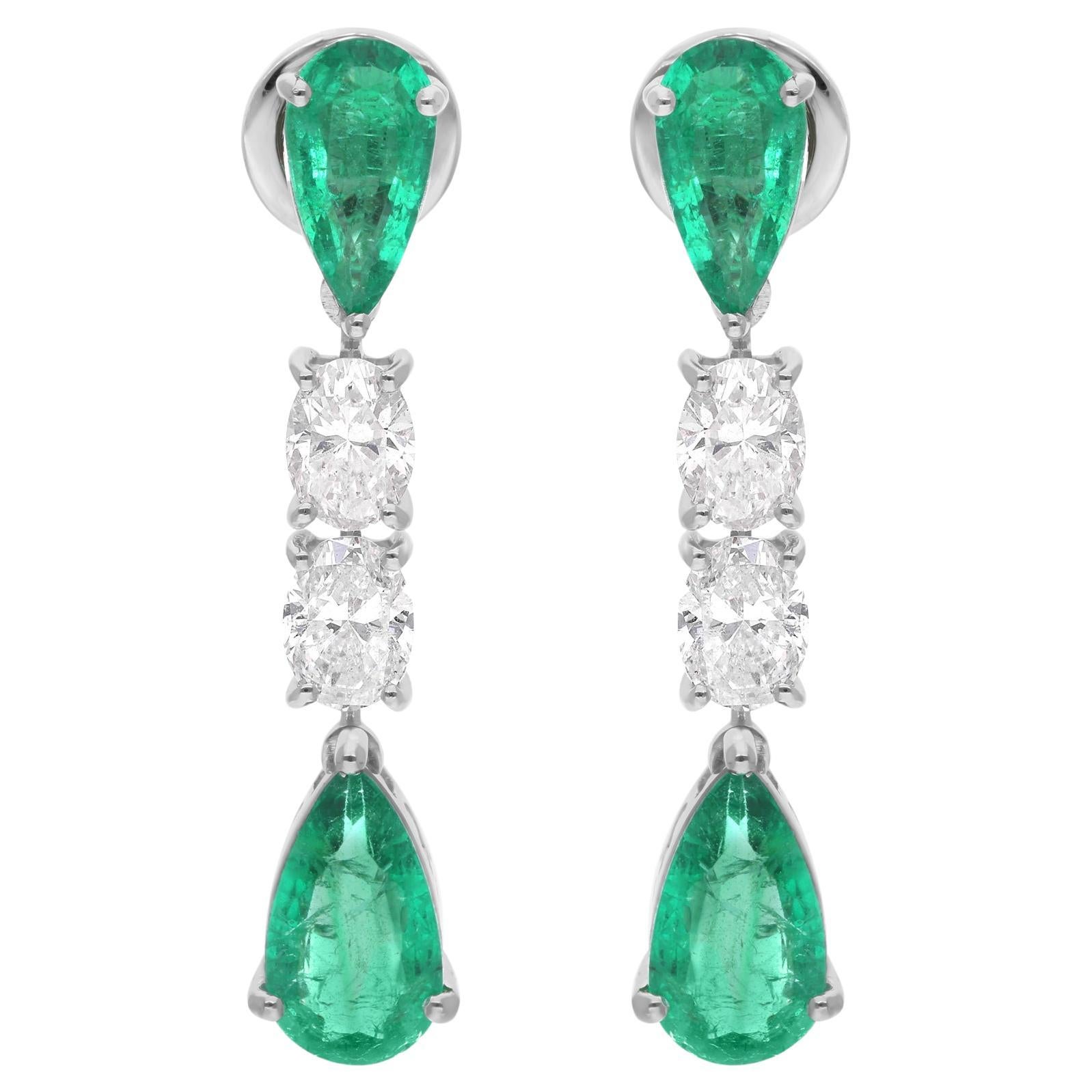 Zambian Emerald Gemstone Dangle Earrings Diamond 18 Karat White Gold Jewelry