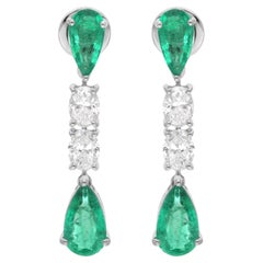 Pendientes Colgantes Esmeralda de Zambia Diamante Joyas de Oro Blanco de 18 Kilates