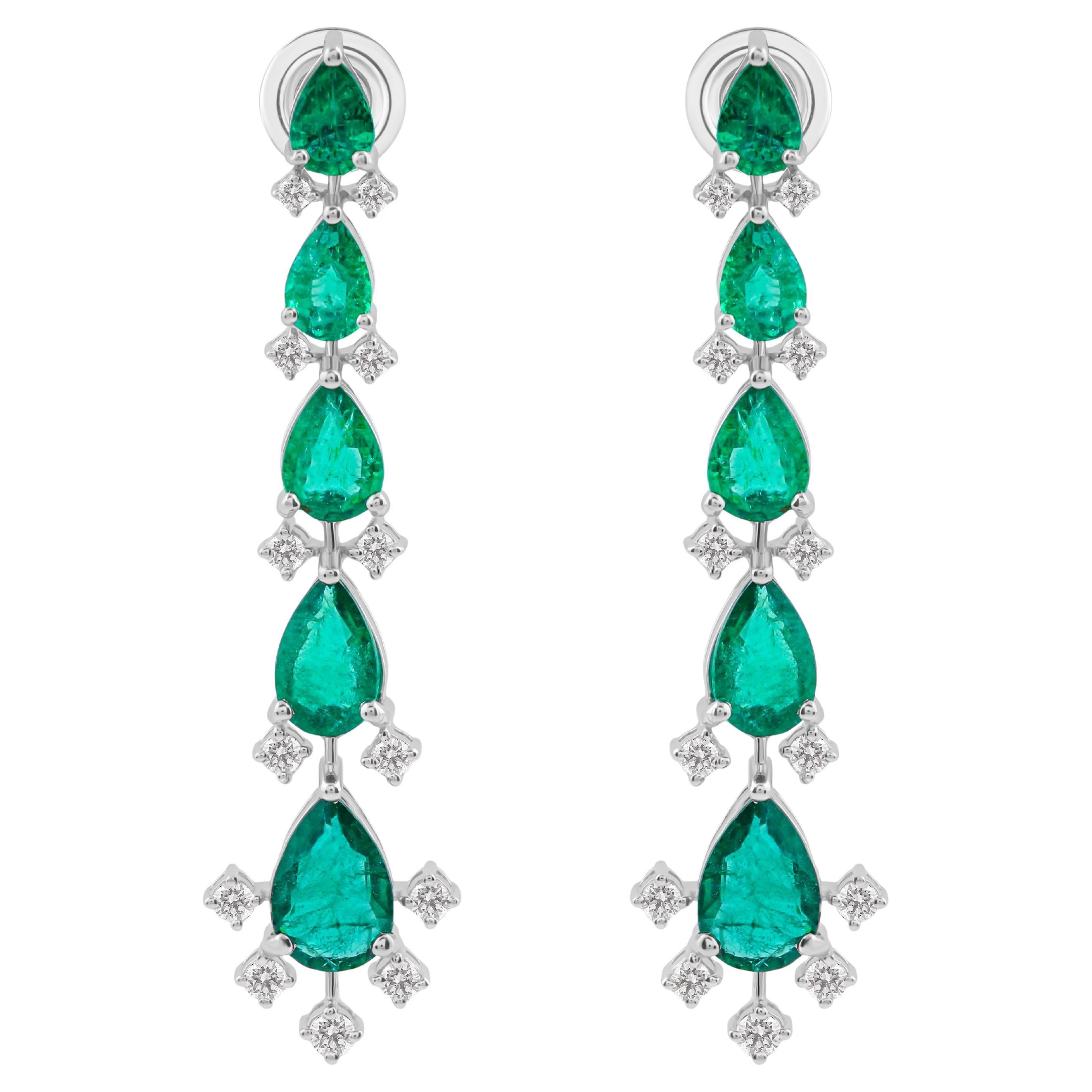 Zambian Emerald Gemstone Dangle Earrings Diamond 18 Karat White Gold Jewelry