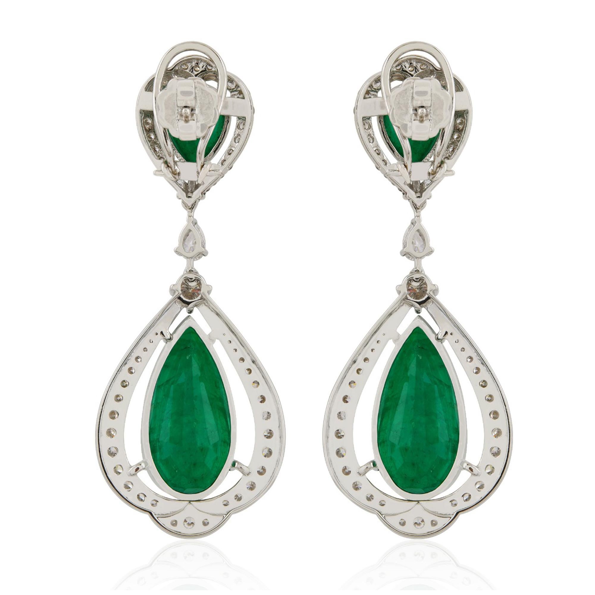 Modern Zambian Emerald Gemstone Dangle Earrings Diamond 18 Karat White Gold Jewelry New For Sale
