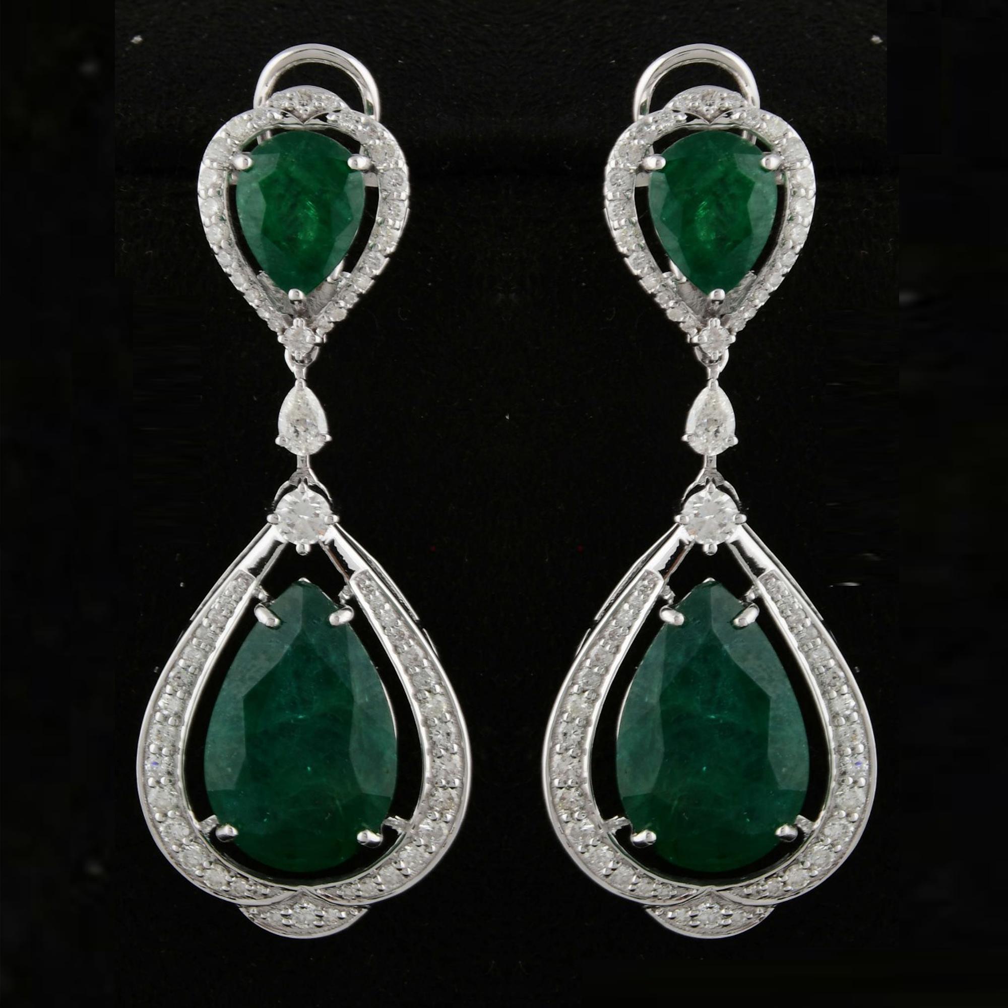 Pear Cut Zambian Emerald Gemstone Dangle Earrings Diamond 18 Karat White Gold Jewelry New For Sale