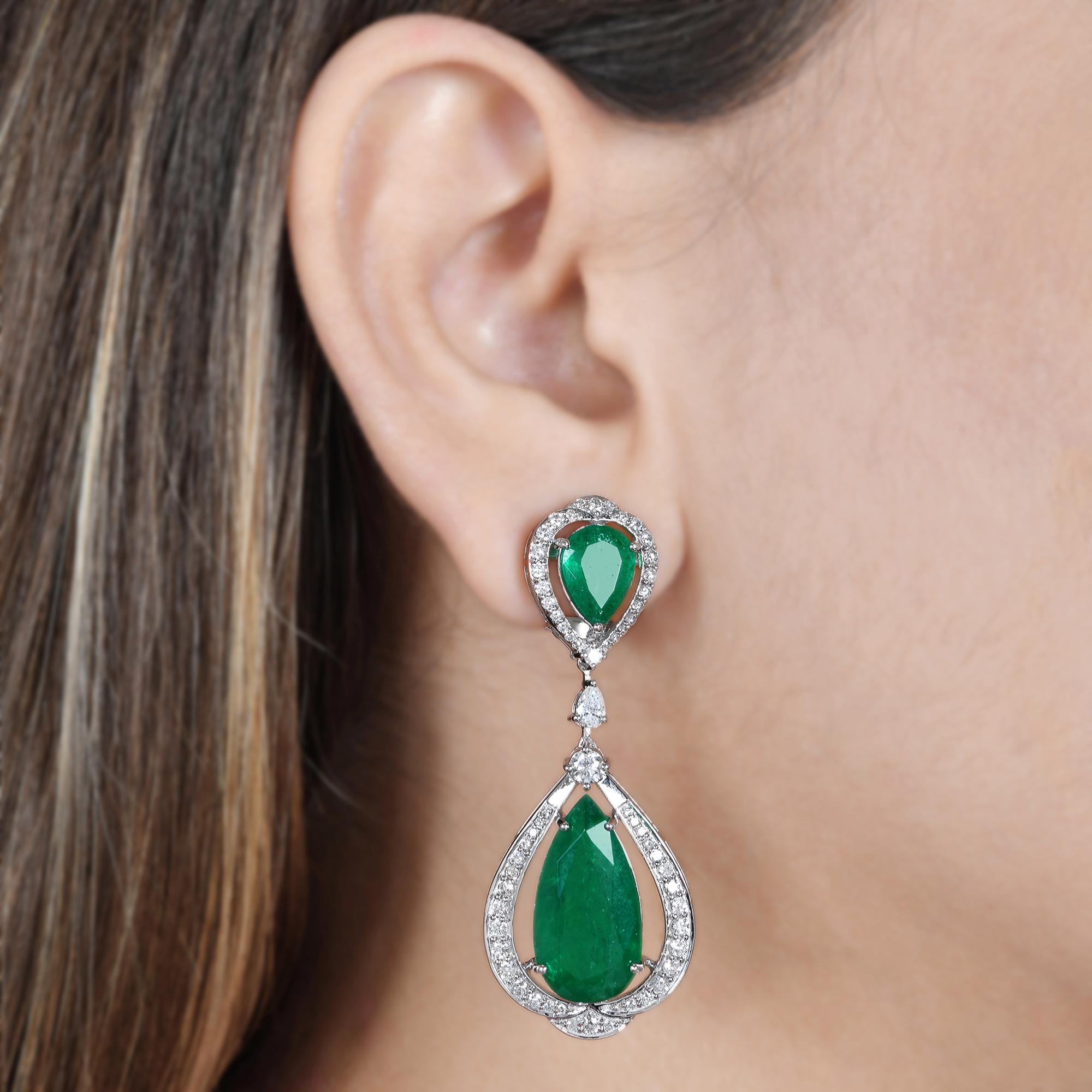 Women's Zambian Emerald Gemstone Dangle Earrings Diamond 18 Karat White Gold Jewelry New For Sale