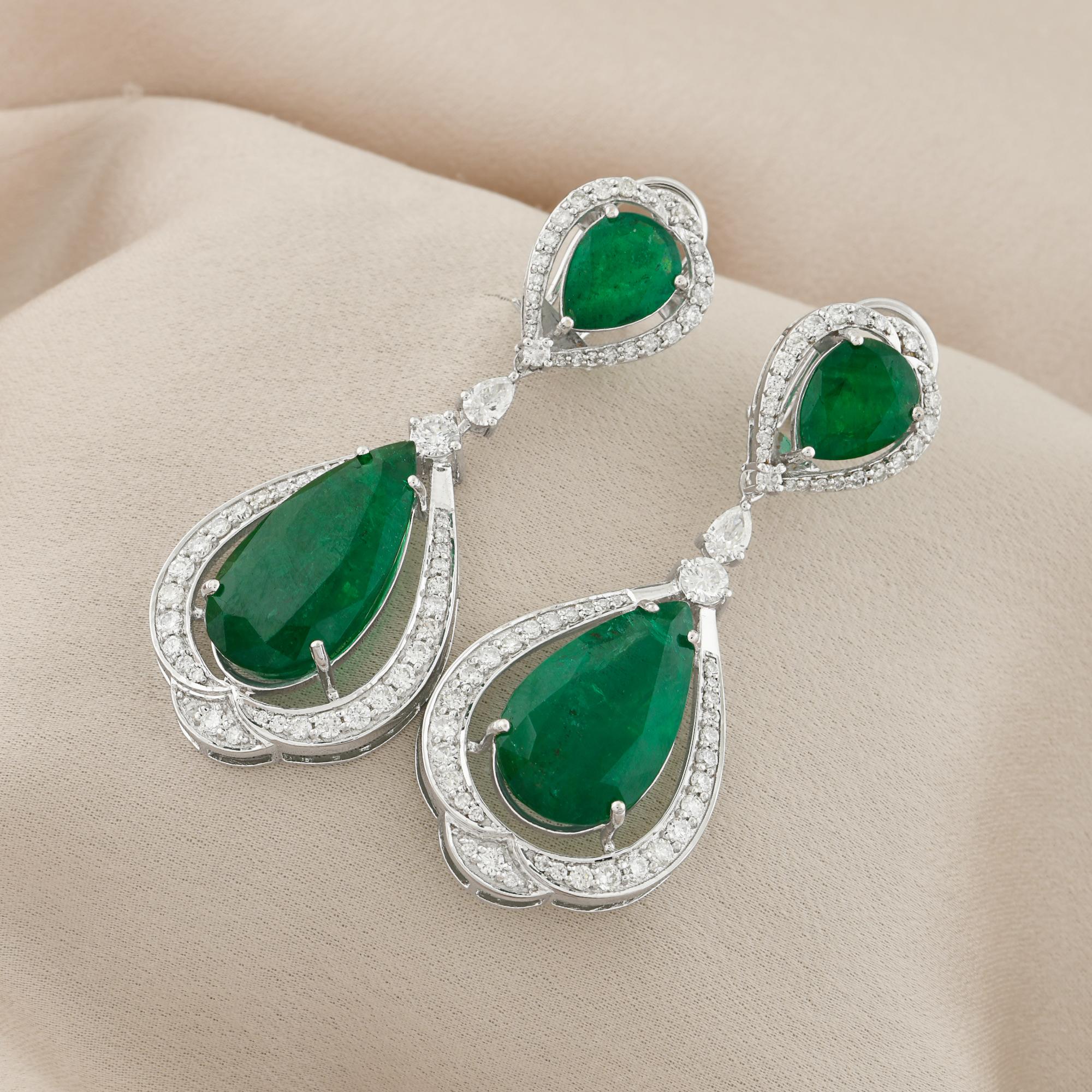 Zambian Emerald Gemstone Dangle Earrings Diamond 18 Karat White Gold Jewelry New For Sale 1