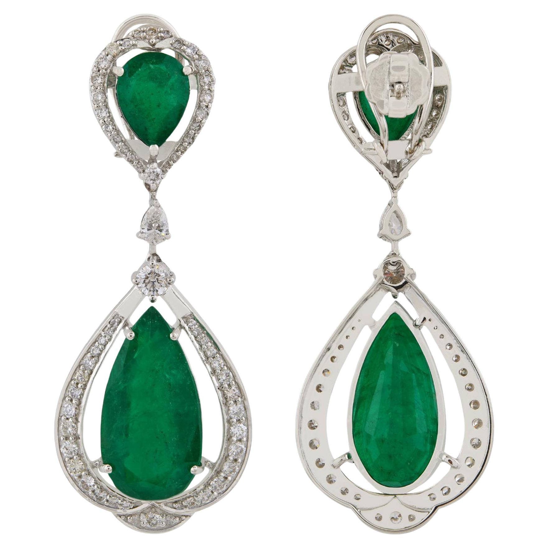 Zambian Emerald Gemstone Dangle Earrings Diamond 18 Karat White Gold Jewelry New For Sale