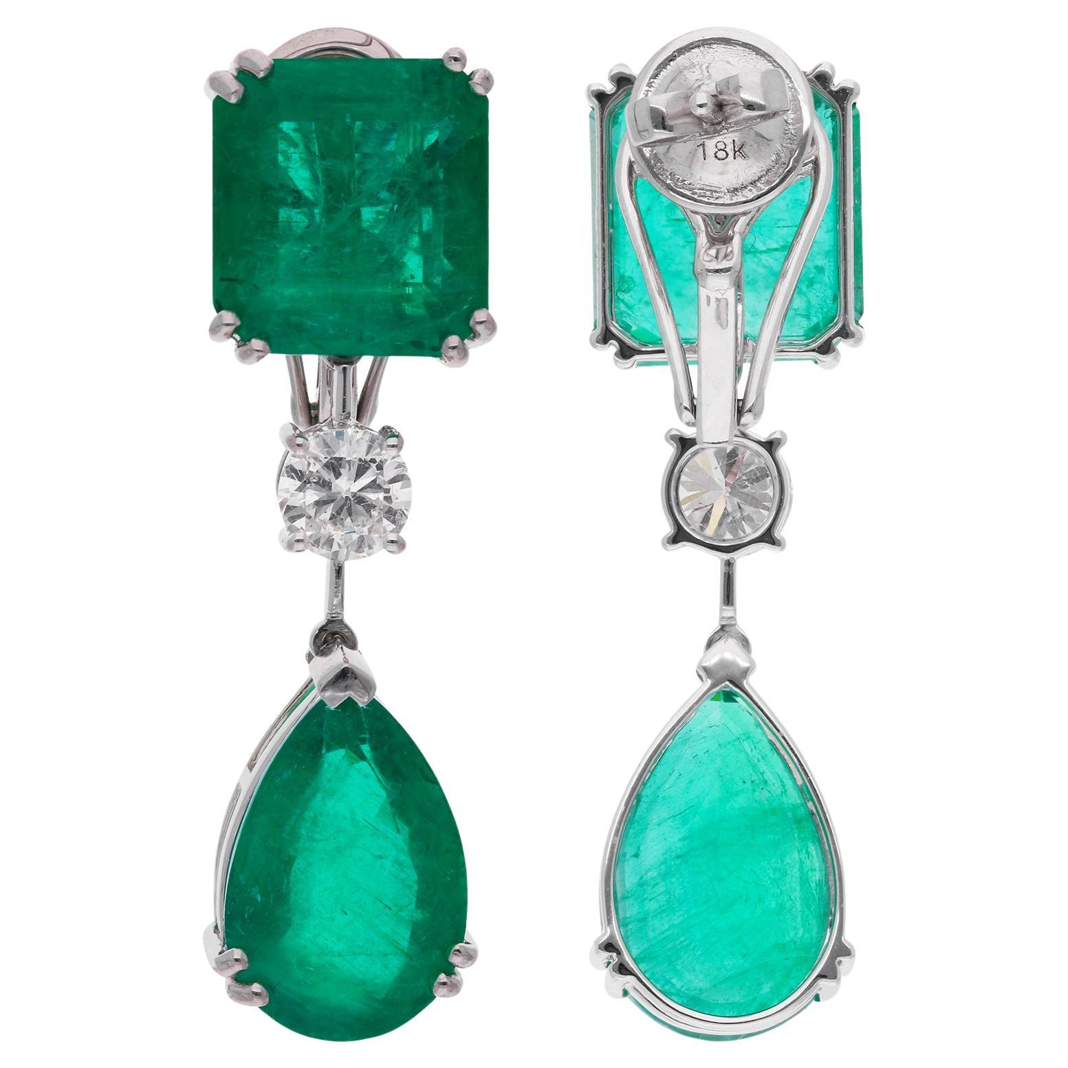 Zambian Emerald Gemstone Dangle Earrings Diamond 18 Karat White Gold New jewelry For Sale