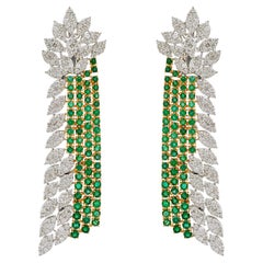 Natural Emerald Gemstone Dangle Earrings Diamond 18 Karat Yellow Gold Jewelry