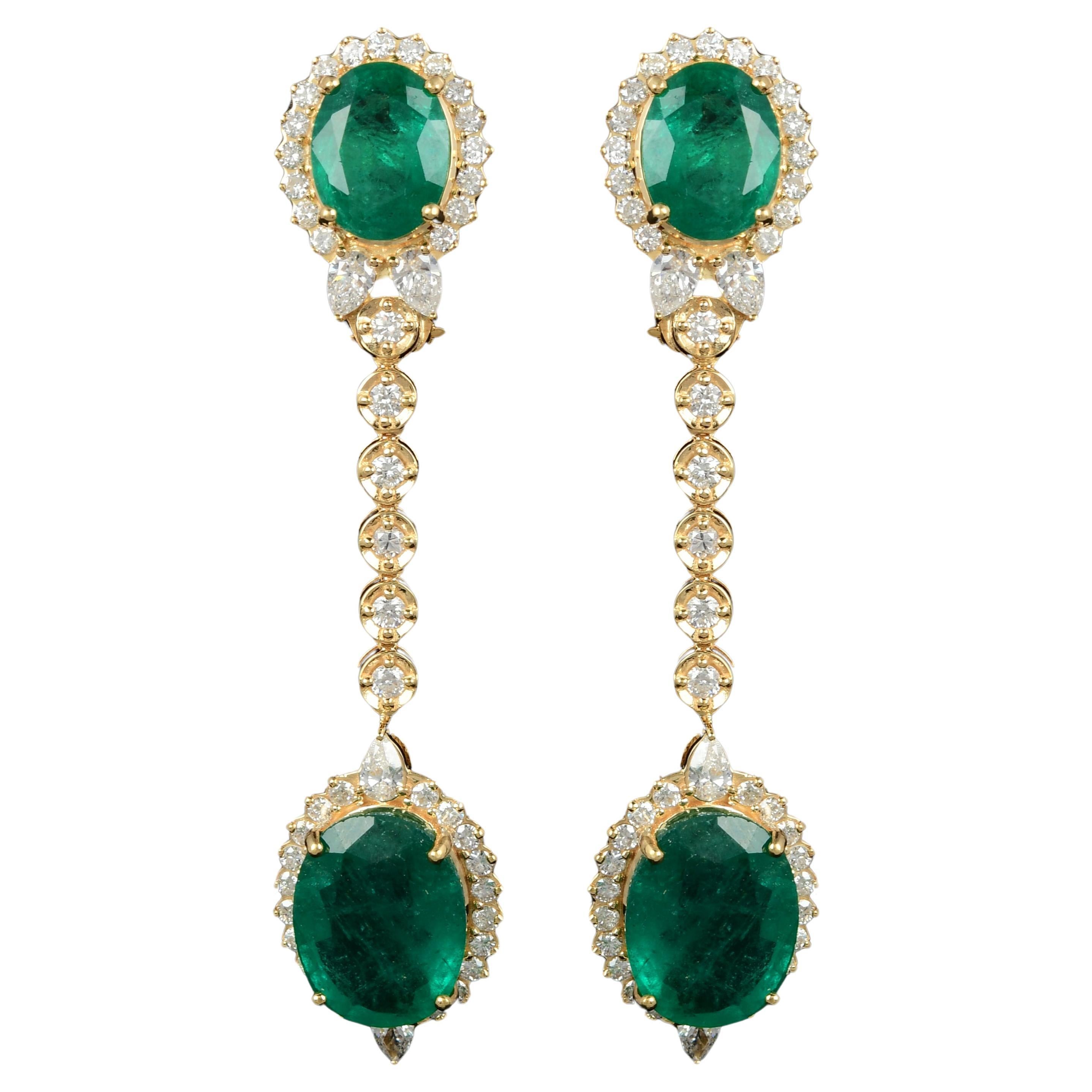 Zambian Emerald Gemstone Dangle Earrings Diamond 18 Karat Yellow Gold Jewelry For Sale