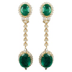 Zambian Emerald Gemstone Dangle Earrings Diamond 18 Karat Yellow Gold Jewelry