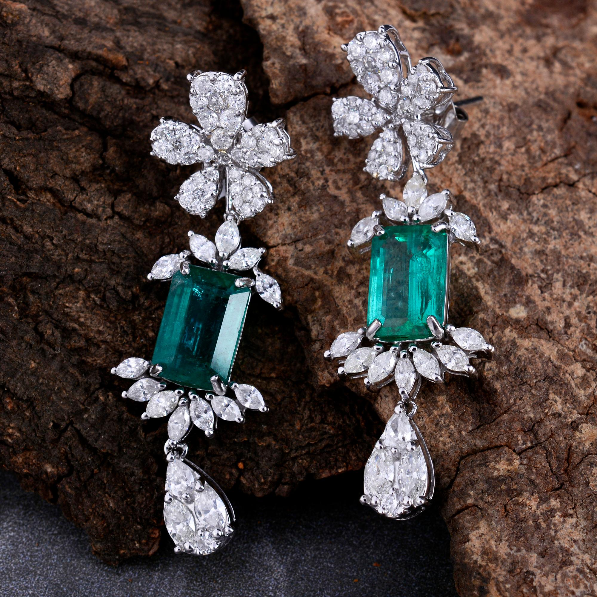Octagon Cut Natural Emerald Gemstone Dangle Earrings Diamond 18k White Gold Fine Jewelry For Sale