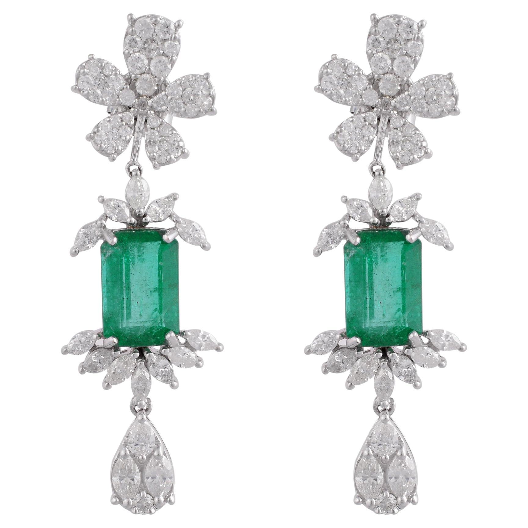 Natural Emerald Gemstone Dangle Earrings Diamond 18k White Gold Fine Jewelry