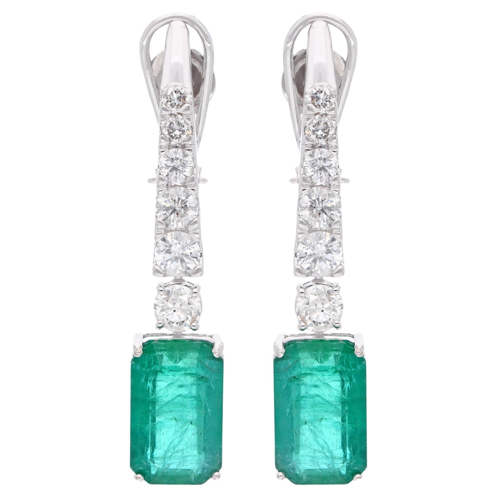 Natural Emerald Gemstone Dangle Earrings Round Diamond 18k White Gold Jewelry