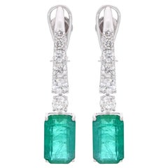 Natural Emerald Gemstone Dangle Earrings Round Diamond 18k White Gold Jewelry