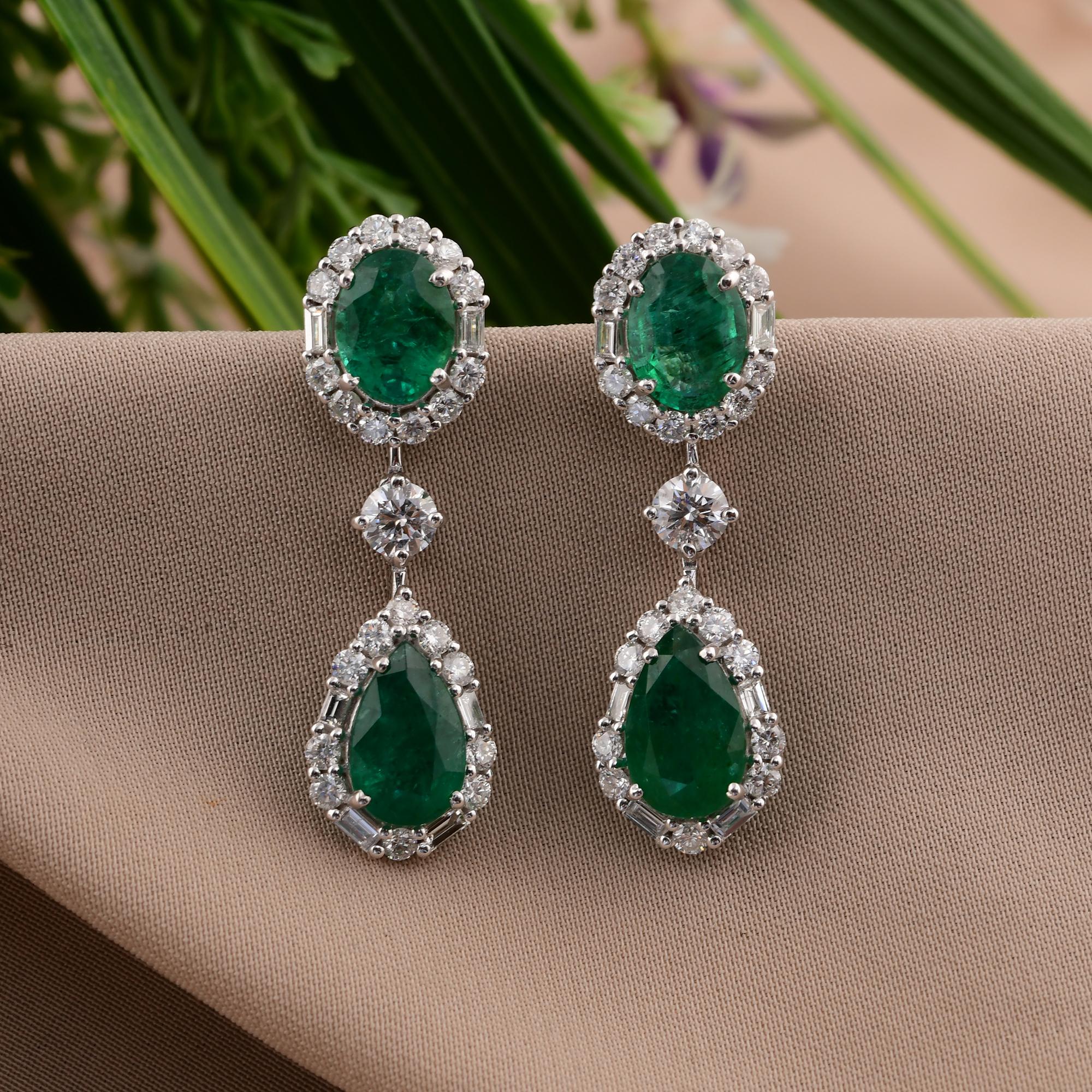 Modern Zambian Emerald Gemstone Dangle Earrings SI/H Diamond 14k White Gold Jewelry For Sale